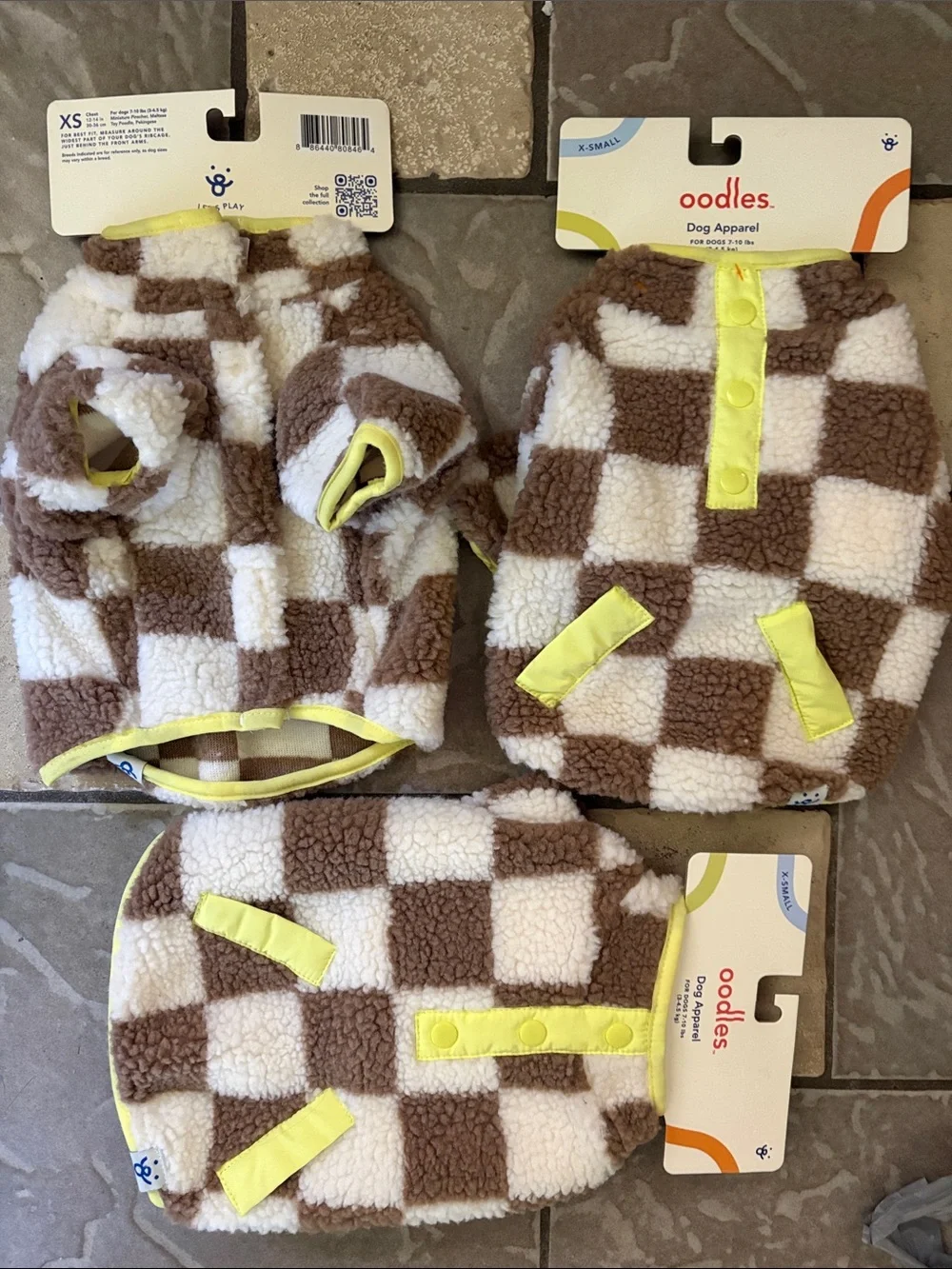 Oodles Brown & White Check Plush Dog Sweater with Yellow Trim lot 3 XS